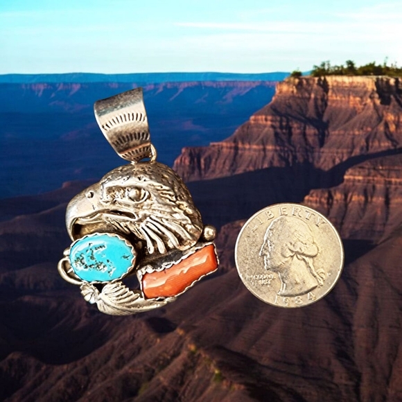 ✨OOAK! Roger Skeets Navajo Sterling Silver Turquoise and Red Coral EAGLE Pendant - Picture 8 of 17